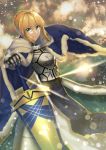  ahoge armor armored_dress artoria_pendragon_(all) bangs blonde_hair blue_cape braided_bun breastplate cape eyebrows_visible_through_hair fate/stay_night fate_(series) faulds fur_trim gauntlets green_eyes hand_on_hilt highres lip-mil looking_at_viewer parted_lips saber shiny shiny_hair short_hair smile solo standing 