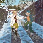  2girls amber389 blonde_hair blue_hat blue_jacket blush boots braid brown_boots cardigan closed_eyes coat cobblestone collared_shirt dungeon_meshi earmuffs elf falin_touden full_body green_pants hair_over_shoulder hashtag-only_commentary hat holding_hands jacket long_hair marcille_donato multiple_girls open_mouth orange_cardigan outdoors pants parted_bangs pointy_ears scarf shirt shoes short_hair skirt smile sneakers snow striped_clothes striped_scarf twin_braids white_coat white_shirt winter winter_clothes yellow_skirt 