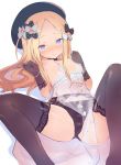  abigail_williams_(fate/grand_order) artoria_pendragon_(all) artoria_pendragon_(lancer_alter) artoria_pendragon_(lancer_alter)_(cosplay) black_gloves black_legwear black_panties blonde_hair blue_eyes blush breasts caburi commentary_request cosplay fate/grand_order fate_(series) garter_belt gloves hat highres knees_up long_hair lying nipples no_bra on_back panties royal_icing see-through simple_background small_breasts solo spread_legs thighhighs underwear very_long_hair white_background 