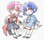  2girls :d black_gloves black_shoes blue_dress braid brown_eyes chibi chibi_only commentary con_sonne dress fingerless_gloves full_body gloves holding_hands houchi_shoujo multiple_girls pale_skin pink_hair ranma-chan ranma_1/2 shoes single_braid smile tendou_akane watermark white_background 