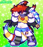 afterpawty anthro black_body black_fur bottomwear bracelet canid canine clothing clown clown_nose collar collar_tag colorful_theme crop_top denim denim_bottomwear denim_clothing denim_shorts digital_media_(artwork) footwear fur hair heart_collar_tag hi_res hybrid hyena jewelry logan_(carlarzall) male mammal markings mastectomy_scar multicolored_tail pattern_background red_hair red_nose scar shirt shoes shorts simple_background smile solo spade_tail spiked_bracelet spiked_collar spikes tail tail_markings tendrils tipped_ears topwear white_body wings yellow_clothing yellow_shirt yellow_topwear