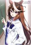  1girl :d absurdres animal_ears bespectacled bow bowtie brown_hair chalkboard coat earrings glasses hand_in_pocket highres holding holding_pointer horse_ears horse_girl jewelry lab_coat long_hair long_sleeves looking_at_viewer math mauve multicolored_hair object_in_pocket over-rim_eyewear pen pen_in_pocket pleated_skirt pocket pointer purple_bow purple_bowtie purple_eyes purple_shirt school_uniform semi-rimless_eyewear shirt single_earring skirt smile solo streaked_hair symboli_rudolf_(umamusume) third-party_source tracen_school_uniform translation_request umamusume v-shaped_eyebrows white_coat white_hair white_skirt 