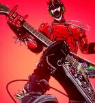  1boy abs black_boots black_pants boots bracelet chain commentary english_commentary gradient_background guitar holding holding_guitar holding_instrument humanoid_robot instrument jewelry male_focus necklace open_mouth original pants pectorals reddokkaebe robot sharp_teeth spiked_bracelet spikes teeth topless_male 