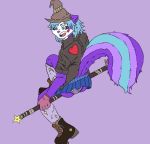  blue_eyes blue_fur blue_hair broom clothing fur hair hat jacket lachan_ernestchi legwear mammal mephitid purple_fur simple_background skirt skunk solo thigh_highs white_fur witch_hat 