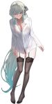  1girl absurdres black_bow black_bra black_garter_belt black_panties black_pantyhose black_thighhighs blue_eyes blush bow bow_bra bra bra_visible_through_clothes braid breasts cleavage closed_mouth collared_shirt commentary_request fate/grand_order fate_(series) full_body garter_belt garter_straps grey_hair hair_between_eyes hair_bow half_up_braid highres lace lace-trimmed_bra lace-trimmed_garter_belt lace-trimmed_panties lace-trimmed_thighhighs lace_panties lace_trim large_breasts lingerie long_hair long_sleeves looking_at_viewer mishiro_(ixtlolton) morgan_le_fay_(fate) navel panties panties_visible_through_clothes pantyhose ponytail see-through_clothes see-through_shirt shirt sidelocks simple_background solo thighhighs underwear underwear_only very_long_hair white_background white_hair white_shirt 