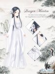  1girl animal artist_request bird black_hair breasts brown_eyes bush character_name chinese_clothes choker circlet cleavage close-up closed_mouth copyright_logo crane_(animal) dot_nose dragon_maiden_(miracle_nikki) english_text flower full_body hair_flower hair_ornament hair_ribbon hanfu light_blush logo long_hair long_sidelocks long_sleeves looking_at_viewer miracle_nikki mountain nikki_(series) official_art outdoors pendant_choker ribbon second-party_source sidelocks sleeves_past_wrists smile solo standing tareme very_long_hair white_background white_choker white_flower white_hanfu white_ribbon wide_sleeves 