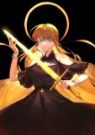  1girl abin_44 above-cleavage_cutout absurdres bangle black_dress blonde_hair bracelet clothing_cutout commentary_request cowboy_shot cross dress glowing glowing_hair green_eyes halo halo_behind_head highres holding holding_sword holding_weapon jewelry korean_commentary long_sidelocks looking_at_viewer omniscient_reader's_viewpoint parted_lips shoulder_cutout sidelocks solo sword uriel_(omniscient_reader's_viewpoint) weapon 