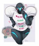  2girls arm_cannon armor artist_name assault_visor black_armor blue_visor blush commentary_request cropped_legs dark_samus full_armor green_visor grey_background heart highres metroid metroid_prime_3:_corruption multiple_girls power_armor power_suit_(metroid) samus_aran science_fiction shirt signature simple_background twitter_cutting_game twitter_strip_game wakaba_(wata_ridley) watermark weapon white_shirt 