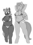  2018 anthro big_breasts bikini blush breasts clothing duo equine eyewear female glasses hair hands_behind_head horn horse huge_breasts jewelry looking_at_viewer mammal mcsweezy midriff monochrome my_little_pony navel necklace open_mouth open_smile pearl_necklace pegasus pony simple_background slightly_chubby smile standing swimsuit unicorn white_background wings 