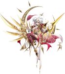  1girl absurdres armor armored_boots black_corset black_sleeves boots bracer breasts cape chest_jewel cleavage closed_mouth collared_cape corset covered_navel crescent criss-cross_halter crossed_legs detached_sleeves dress earrings floating floating_cape floating_object full_body game_cg gem gloved_sleeves gold_tiara gold_trim gown gradient_cape hair_between_eyes hair_ornament hair_up hairband halter_dress halterneck highleg highleg_dress highres holding holding_behind_back holding_polearm holding_polearm_behind_back holding_weapon holding_weapon_behind_back jewelry knee_boots langrisser langrisser_iii langrisser_mobile large_breasts long_dress looking_at_viewer luna_(langrisser) mystical_high_collar official_alternate_costume official_art pauldrons polearm print_cape red_armor red_cape red_gemstone red_thighhighs second-party_source shoulder_armor side_slit sideboob simple_background sitting smile solo star_(symbol) tachi-e thighhighs tiara transparent_background two-sided_cape two-sided_fabric updo weapon white_boots white_cape white_dress white_gown white_hair 