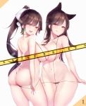  ass atago_(azur_lane) azur_lane back bangs bare_arms bare_shoulders bikini black_bikini bow breasts brown_hair commentary_request criss-cross_halter geonjeonhannick hair_bow halter_top halterneck highres korean_commentary large_breasts long_hair looking_at_viewer micro_bikini multiple_girls navel ponytail pulled_by_self simple_background smile standing stomach string_bikini string_pull swimsuit takao_(azur_lane) thigh_gap untied untied_bikini white_background white_bow wide_hips yellow_eyes 