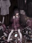  1girl aegyo_sal alcohol arai_bokuseki black_hair bottle_cap dress energy_drink from_above full_body hair_dryer highres indoors long_hair looking_to_the_side messy_room money monster_energy original phone pigeon-toed pink_dress shirt short_dress solo sticky_note t-shirt thighhighs trash trash_can white_thighhighs zettai_ryouiki 