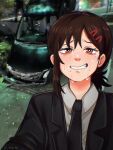  1girl artist_name black_necktie black_suit brown_hair car car_crash chainsaw_man commentary english_commentary furrowed_brow grin hair_ornament hairclip higashiyama_kobeni highres lapels looking_at_viewer mole mole_under_eye mole_under_mouth motor_vehicle necktie notched_lapels osulan outdoors photo-referenced ponytail selfie shirt short_hair short_ponytail single_sidelock smile solo suit sweat tearing_up twitter_username upper_body white_shirt wing_collar wreckage 