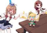  3girls :3 absurdres ahoge alcohol alternate_costume alternate_hairstyle aqua_eyes bare_shoulders beer beer_mug black_bow black_shoes blonde_hair blush bow braid brown_hair cecilia_immergold cecilia_immergold_bot chibi chibi_inset closed_eyes closed_mouth collarbone commentary cup dress eating english_commentary evil_neuro-sama eyelashes flower food fork german_clothes green_dress green_hair grey_hat hair_bow hair_flower hair_ornament hat hat_feather heart heart_hair_ornament highres holding holding_cup holding_fork hololive hololive_english long_hair monotoxy mug multicolored_hair multiple_girls neuro-sama oktoberfest on_table open_mouth puffy_short_sleeves puffy_sleeves red_bow red_eyes red_flower sausage shoes short_sleeves smile table teeth thighhighs twin_braids twintails two-tone_hair vedal_ai virtual_youtuber white_dress white_thighhighs winding_key wooden_table 