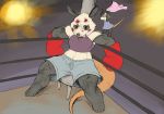  anthro barefoot biceps blood boxing boxing_gloves bruised chochi clothed clothing duo eye_patch eyewear female fighting_ring mammal marsupial midriff muscular muscular_female nosebleed opossum poppy_opossum poppy_opossum_(character) sitting sport spread_legs spreading 
