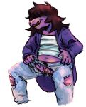  anthro clothed clothing crotchless deltarune female grin hair jeans long_hair pants pink_skin pussy pussy_juice reptile scalie simple_background sketch smile solo standing susie_(deltarune) torn_clothing torn_jeans torn_pants white_background 