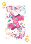  2girls 5th_live_tour_~4pair_power_spread!!!!~ :d ;) ;q absurdres anyoji_hime aqua_shirt armpits blonde_hair blue_eyes blue_hair bow breasts card card_(medium) commentary finger_heart gradient_hair hair_bow hair_ornament heart heart_hair_ornament heart_ni_q_(love_live!) highres link!_like!_love_live! looking_at_viewer love_live! medium_breasts miniskirt mira-cra_park! multi-tied_hair multicolored_hair multiple_girls navel official_alternate_costume one_eye_closed open_mouth osawa_rurino parted_bangs pink_bow pink_hair pink_shirt pink_skirt playing_card playing_card_(medium) pleated_skirt ponytail queen_(playing_card) queen_of_hearts_(playing_card) rotational_symmetry shirt simple_background skirt sleeveless sleeveless_shirt small_breasts smile sunkeun tongue tongue_out twintails two-tone_shirt v virtual_youtuber wawo!_(love_live!) white_background x_hair_ornament 