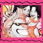  1boy 2boys ^_^ black_hair border clenched_teeth closed_eyes commentary earrings english_commentary franky_(one_piece) jewelry kiwi_(one_piece) long_nose mos_(one_piece) multiple_boys necklace one_piece pearl_necklace pink_border pompadour puffingseas siblings sisters smile sunglasses teeth v-shaped_eyebrows 