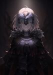  1girl absurdres ahoge armor armored_dress breasts cape chain commentary_request dress fate/grand_order fate_(series) faulds fur-trimmed_cape fur_trim fuwaita gauntlets headpiece highres jeanne_d'arc_alter_(avenger)_(fate) jeanne_d'arc_alter_(fate) looking_at_viewer medium_breasts plackart short_hair white_hair yellow_eyes 