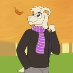  anthro asriel_dreemurr autumn beard boss_monster caprine clothed clothing crocodilianbooty facial_hair fangs fur hair hi_res horn male mammal raised_eyebrow scarf simple_background smile solo sweater undertale video_games 