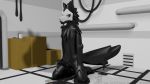  2018 3d_(artwork) anthro brevman canine changed_(video_game) cum cum_on_ground cup digital_media_(artwork) dripping erection fur goo_(disambiguation) hair hi_res kneeling male mammal mask nude penis puro_(changed) raised_tail rubber simple_background solo transformation wet wolf 
