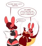  2018 anthro averyshadydolphin big_breasts breasts bunny_(averyshadydolphin) chair clothing crown dialogue dress duo eyewear female fur gloves hair huge_breasts lagomorph legwear mammal rabbit red_fur red_hair stockings sunglasses tammy_(averyshadydolphin) thick_thighs throne uniform wide_hips 