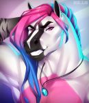  2018 anthro biped black_eyebrows black_fur black_stripes blue_hair blue_nipples bust_portrait candy_(candymare) crossgender ear_piercing equine eyebrows fur hair hand_on_head horse jewelry long_hair looking_at_viewer male mammal manly multicolored_fur multicolored_hair necklace nipples piercing pink_eyes pink_fur pink_hair portrait pose radiant_scar smile solo striped_fur stripes teeth two_tone_hair white_ears white_fur 