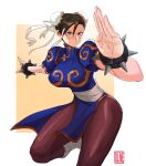  1girl absurdres artist_name bangle black_hair blue_dress blush border bracelet breasts brown_eyes brown_pantyhose bun_cover china_dress chinese_clothes chun-li commentary cowboy_shot double_bun dress eyeliner fighting_stance furrowed_brow gold_trim hair_between_eyes hair_bun highres jewelry large_breasts makeup olivetart pantyhose pelvic_curtain puffy_short_sleeves puffy_sleeves red_eyeliner short_sleeves solo spiked_bracelet spikes street_fighter thighs updo white_border yellow_background 