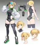  1girl absurdres ass belt black_gloves black_leotard black_thighhighs blonde_hair breasts chest_harness commentary cowboy_shot cropped_jacket earclip finger_on_trigger from_behind gloves goggles goggles_on_head green_eyes grey_shorts grin gun hand_on_own_hip harness highleg highleg_leotard highres holding holding_gun holding_weapon jacket large_breasts leotard light_blush long_sleeves looking_at_viewer micro_shorts multicolored_leotard one_eye_closed original over_shoulder ponytail pouch puffy_long_sleeves puffy_sleeves ryou_(ponpgo) short_hair short_ponytail shorts simple_background ski_goggles smile solo standing thigh_belt thigh_pouch thigh_strap thighhighs two-tone_leotard weapon weapon_over_shoulder white_background white_jacket white_leotard 