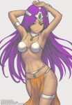  1girl armlet armor armpits arms_behind_head arms_up belly_chain bikini_armor bracelet breasts brown_eyes circlet cleavage cowboy_shot dark-skinned_female dark_skin dragon_quest dragon_quest_iv forehead_jewel gem gofelem green_gemstone jewelry loincloth long_hair looking_at_viewer manya_(dq4) medium_breasts metal_bikini metal_bra navel neck_ring orange_loincloth pelvic_curtain pink_lips purple_hair silver_circlet smile solo thighlet 