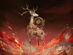  animal_focus architecture blue_gemstone building burning chinese_commentary commentary_request deer east_asian_architecture embers facing_to_the_side fire gear_eyes gem halo halo_behind_head highres hua_yi_shanxin_zhiyue looking_at_viewer nana895 no_humans non-humanoid_robot outdoors profile red_sky robot robot_animal sideways_glance sky 