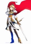  1girl ahoge armor artoria_pendragon_(fate) blonde_hair braid breastplate cape carimarica cloak commentary_request crown excalibur_(fate/stay_night) fate/grand_order fate_(series) fur-trimmed_cape fur-trimmed_cloak fur_trim gold_armor green_eyes highres looking_at_viewer lord_logres_(fate) red_cloak solo sword weapon 