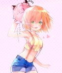  :o bad_hand blue_shorts blush breasts cleavage clefairy commentary_request crop_top green_eyes hand_up highres kasumi_(pokemon) looking_at_viewer medium_breasts orange_hair pink_background pokemon pokemon_(anime) pokemon_(classic_anime) short_hair shorts standing suspenders 