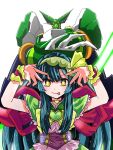  1girl :p bow bowtie capelet closed_mouth getter_robo green_bow green_bowtie green_capelet green_hair hashtag-only_commentary highres hoshino_ai's_pose long_hair looking_at_viewer mecha mechanization oshi_no_ko parody pink_shirt purple_sash robot sash shirt simple_background smile solo star-shaped_pupils star_(symbol) symbol-shaped_pupils tongue tongue_out touhoku_kiriko touhoku_zunko upper_body very_long_hair voiceroid white_background wrist_cuffs yellow_eyes zundamon 