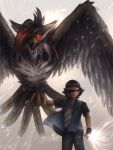  1boy absurdres ash_ketchum baseball_cap beak bird colored_sclera commentary english_commentary hat highres mega_pokemon mega_staraptor pokemegha pokemon pokemon_(anime) pokemon_(creature) pokemon_journeys pokemon_legends:_z-a red_eyes red_hat shirt sleeveless sleeveless_jacket staraptor t-shirt 