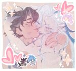  2boys absurdres animalization arm_around_neck black_hair blue_hair commentary dragon english_commentary eyelashes genshin_impact hand_in_another's_hair heart highres kiss kissing_cheek lipstick_mark long_pointy_ears male_focus multicolored_hair multiple_boys neuvillette_(genshin_impact) nude parted_hair person_and_animalization pointy_ears rinrinstomato shark sharp_teeth streaked_hair teeth white_hair wriothesley_(genshin_impact) yaoi 