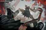  barley_juice black_serafuku black_shoes black_skirt bleeding blood blood_from_eyes blood_on_hands blood_on_weapon claws commentary different_reflection dual_persona english_commentary fighting_stance flower fox_hinako fox_mask highres holding holding_lead_pipe lead_pipe lower_body mask mismatched_arms monster_arm pov puddle reflection school_uniform serafuku shimizu_hinako shoes silent_hill_(series) silent_hill_f skirt spider_lily standing torn_clothes torn_sleeve weapon 