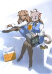  2girls animal_ears black_necktie blue_eyes blue_nails blue_shoes braid braided_ponytail brown_hair cat_ears cat_girl cat_tail commentary crt denchou dog_ears dog_girl drink drinking_straw english_commentary floppy_ears furry furry_female grey_hair hair_ornament hairclip highres holding holding_drink long_hair long_sleeves multiple_girls necktie non-humanoid_robot original pantyhose radio_antenna robot shoes single_braid sitting stairs tail 
