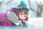  absurdres aqua_hat bangs bare_tree blunt_bangs blurry blurry_background blush brown_hair coat day gloves goggles goggles_on_head highres hood hood_down lying on_stomach original outdoors pink_coat pout red_eyes snow snow_on_body snow_on_head snowflakes solo tree user_eshu4854 