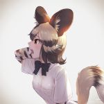  african_wild_dog_(kemono_friends) african_wild_dog_print animal_ear_fluff animal_ears blonde_hair bow bowtie brown_eyes brown_hair collared_shirt commentary_request dog_ears dog_tail eyebrows_visible_through_hair grey_hair hand_behind_head highres kemono_friends long_sleeves multicolored_hair open_mouth profile shirt short_hair short_sleeves solo tail takami_masahiro upper_body 