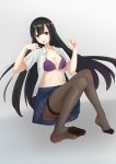  1girl absurdres beauty_mark black_hair bra breasts cleavage feet highres long_hair looking_at_viewer open_clothes open_shirt pantyhose red_eyes soles toes tongue tongue_out underwear 