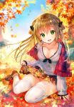  aran_sweater autumn autumn_leaves ayane_yui bangs black_ribbon blonde_hair breasts breasts_apart brown_footwear collarbone commentary_request day full_body green_eyes grey_sweater hair_ribbon head_to_head highres jewelry leaf long_hair looking_at_viewer maple_leaf medium_breasts miniskirt necklace open_mouth original outdoors panties pantyshot pantyshot_(sitting) plaid plaid_scarf red_scarf ribbon scarf shoes sitting skirt smile solo sparkle sweater thighhighs twitter_username underwear white_legwear white_panties wind 
