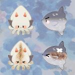  animal animalization before_and_after black_wings commentary demon_horns english_commentary feathered_wings fish fish_(food) grilled_fish horns ikayaki kim_dokja no_humans ocean_sunfish omniscient_reader's_viewpoint seafood sharowolet squid wings x_x yoo_joonghyuk 