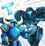  1boy arm_cannon armor assault_visor black_armor blue_armor blue_visor blush commentary_request dark_samus emphasis_lines fake_horns full_armor helmet holding holding_shovel horned_helmet horns metroid power_armor shovel shovel_knight shovel_knight_(character) sparkle star_(symbol) super_smash_bros. wakaba_(wata_ridley) weapon 