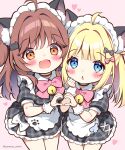  2girls ahoge animal_ear_fluff animal_ears apron bell black_bow black_choker blonde_hair blue_eyes blush bow brown_eyes brown_hair cat_hair_ornament chibi choker collared_dress commentary_request dress grey_dress hair_bow hair_intakes hair_ornament heart heart_hands heart_hands_duo jingle_bell looking_at_viewer maid maid_headdress multiple_girls neck_bell original pan_(mimi) pink_background pink_bow plaid_clothes plaid_dress puffy_short_sleeves puffy_sleeves short_sleeves simple_background twitter_username white_apron wrist_cuffs 