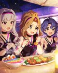  3girls ahoge anime_coloring antenna_hair asymmetrical_one-piece_swimsuit black_choker black_hairband black_one-piece_swimsuit blue_hair bowl breasts brown_eyes brown_hair casual_one-piece_swimsuit choker chopsticks cleavage collarbone cross-laced_clothes cross-laced_one-piece_swimsuit curtained_hair dot_nose earrings egg_(food) food frills game_cg green_eyes grey_hair hair_ornament hairband heart heart_earrings heart_hair_ornament high_ponytail holding holding_chopsticks idolmaster idolmaster_million_live! idolmaster_million_live!_theater_days jewelry large_breasts long_hair meat multiple_girls nail_polish night nikaido_chizuru noodles official_art one-piece_swimsuit open_mouth parasol pink_eyes pink_hairband ponytail rainbow_order ramen shijou_takane short_hair sky smile softboiled_egg sparkle sparkling_eyes star_(sky) starry_sky swimsuit third-party_source toyokawa_fuka umbrella wavy_hair wide_ponytail wristband 