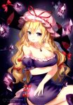  1girl absurdres arm_under_breasts bare_shoulders blonde_hair bow breasts cleavage closed_mouth crystal dress earrings gap_(touhou) gem hair_bow hat hat_ribbon highres jewelry long_hair looking_at_viewer medium_breasts mimi_(mimi_puru) mob_cap necklace off-shoulder_dress off_shoulder pink_hat purple_dress purple_gemstone red_bow red_ribbon ribbon smile solo third-party_source touhou very_long_hair yakumo_yukari 