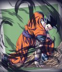  1boy absurdres aura black_eyes black_hair blue_boots blue_sash blue_shirt blue_wrist_cuffs boots dougi dragon_ball dragon_ball_z green_background hashtag-only_commentary highres male_focus muscular muscular_male noir_illust orange_pants orange_shirt pants potential_unleashed sash shirt short_hair solo son_gohan spiked_hair wrist_cuffs 