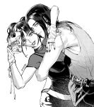  1boy 1girl abglmdg absurdres arm_around_neck arms_around_back black_nails black_pants black_shirt breasts couple eren_yeager fingernails grey_tank_top greyscale hashtag-only_commentary hetero highres holding holding_phone long_hair medium_breasts midriff mikasa_ackerman monochrome nail_polish pants parted_bangs phone scar scar_on_cheek scar_on_face screentones sharp_fingernails shingeki_no_kyojin shirt smile tank_top tongue tongue_out twintails twitter_username white_background 