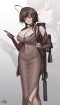  1girl absurdres anti-materiel_rifle artist_name bare_shoulders bolt_action bra bra_peek breasts brown_hair bullpup caiman_pool cleavage cocktail_dress collarbone covered_navel dongtan_dress dot_nose dress dsr-50 dsr-50_(girls'_frontline) evening_gown feet_out_of_frame fingernails girls'_frontline girls'_frontline_2:_exilium gun hair_between_eyes highres holding holding_phone knife_belt large_breasts loreley_(girls'_frontline_2) low_neckline metal_bracelet nail_polish parted_lips phone red_nails rifle seductive_smile shiny_skin side_slit signature simple_background smile sniper_rifle solo standing tight_clothes underwear weapon zoom_layer 